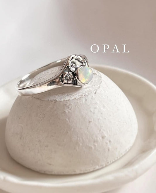 Elegant 925 sterling silver ring with Ethiopian opal and cherry blossom design