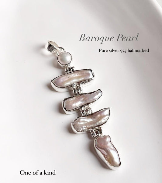 Natural Fresh Water Baroque Pearls Handcrafted Statement 925 Sterling Silver Pendant