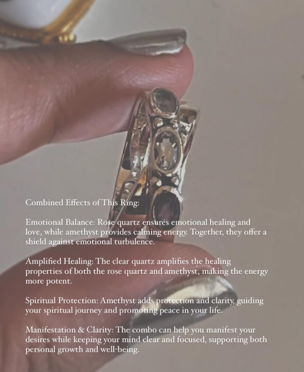 Master Healer -Amethyst Clear Quartz Rose Quartz Cross Band 925 Sterling Silver Ring