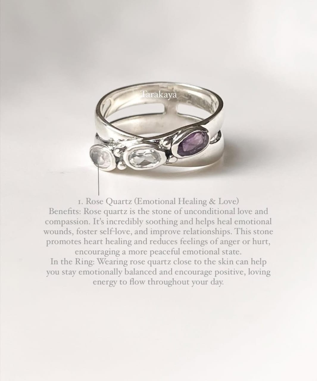 Master Healer -Amethyst Clear Quartz Rose Quartz Cross Band 925 Sterling Silver Ring