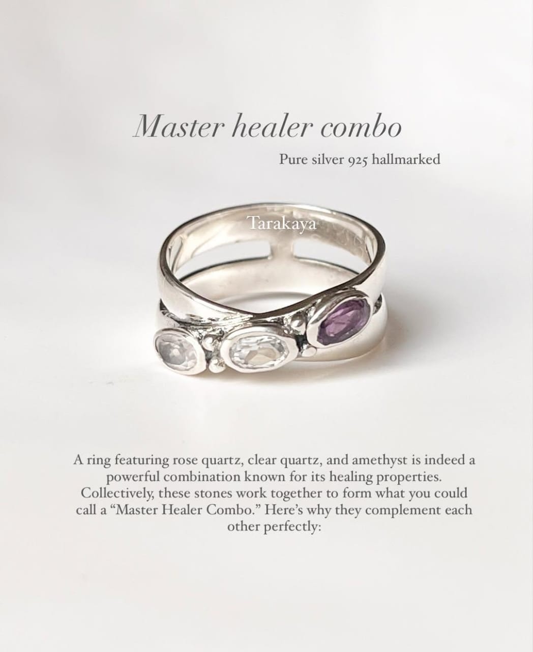 Master Healer -Amethyst Clear Quartz Rose Quartz Cross Band 925 Sterling Silver Ring
