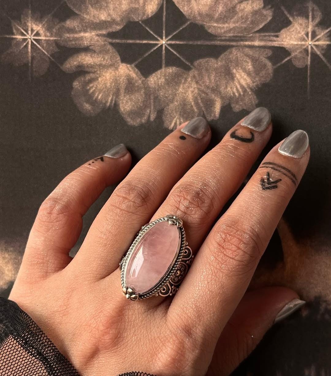 Rose Quartz Boho Oval Statement 925 Sterling Silver Ring
