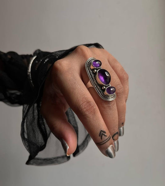 925 Sterling Silver Amethyst Big Boho Handcrafted Statement Ring