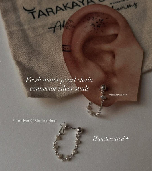 Freshwater pearl chain connector 925 silver stud earrings  