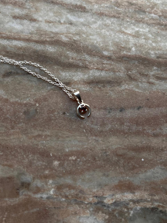 925 silver necklace with small crescent moon and garnet stone  