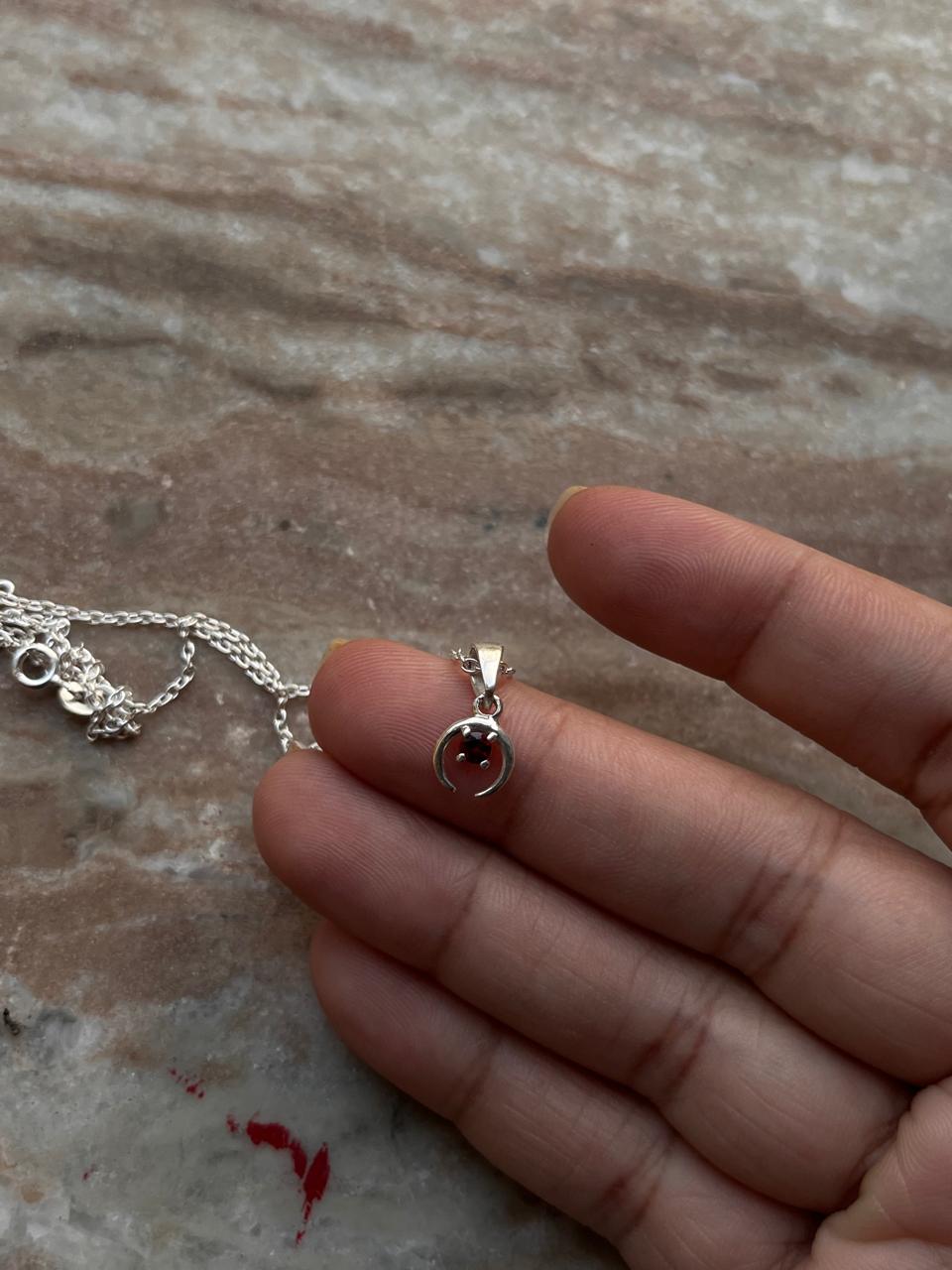 Sterling silver crescent moon necklace with garnet gemstone  
