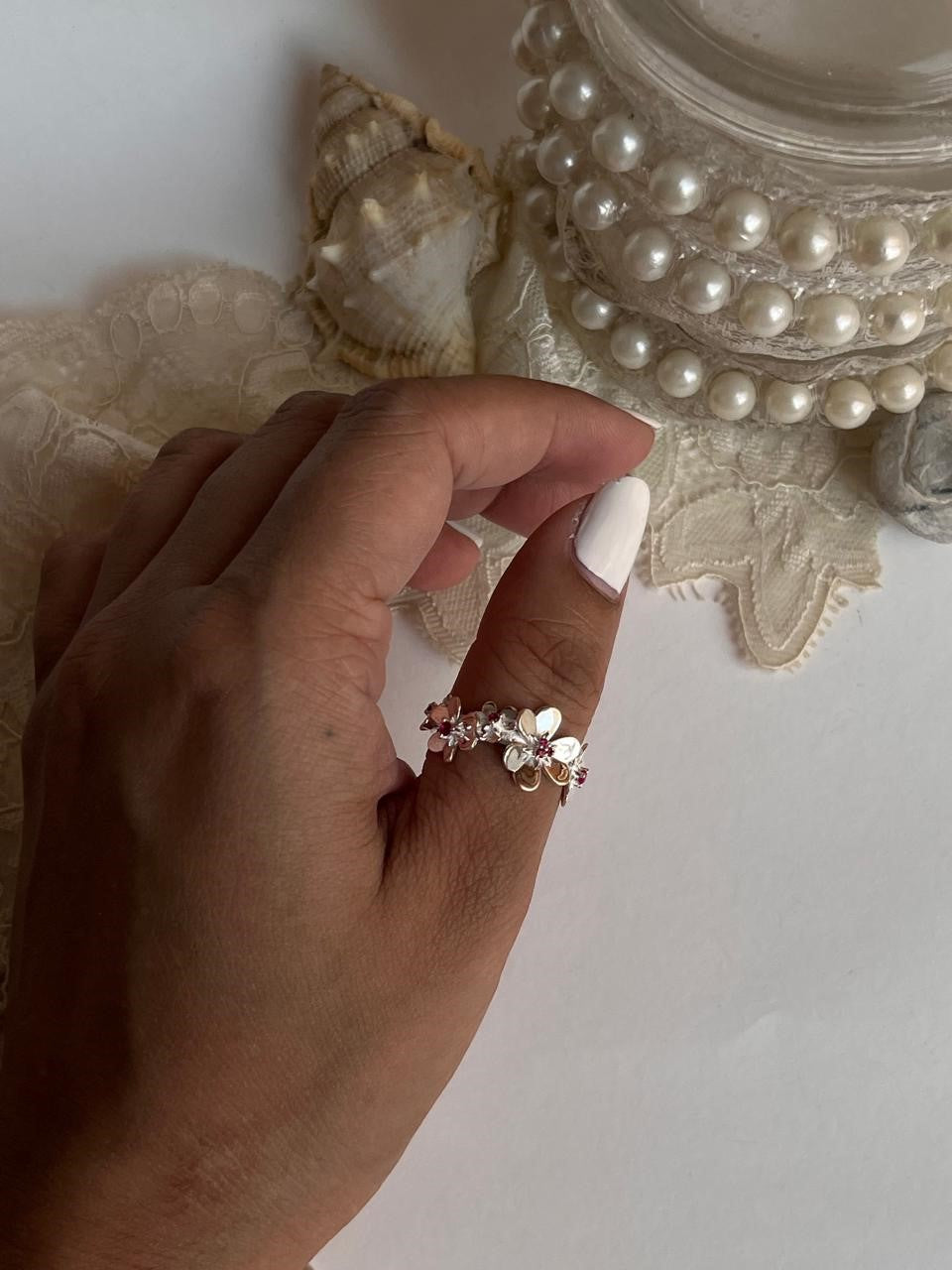 Adjustable 925 silver ring featuring ruby lab-grown flowers  