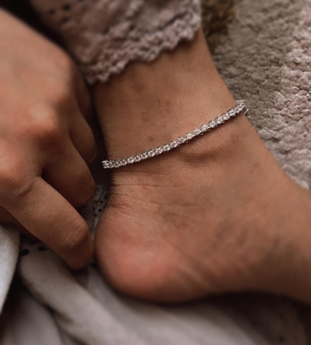 925 silver anklet with CZ solitaire stones in tennis design  