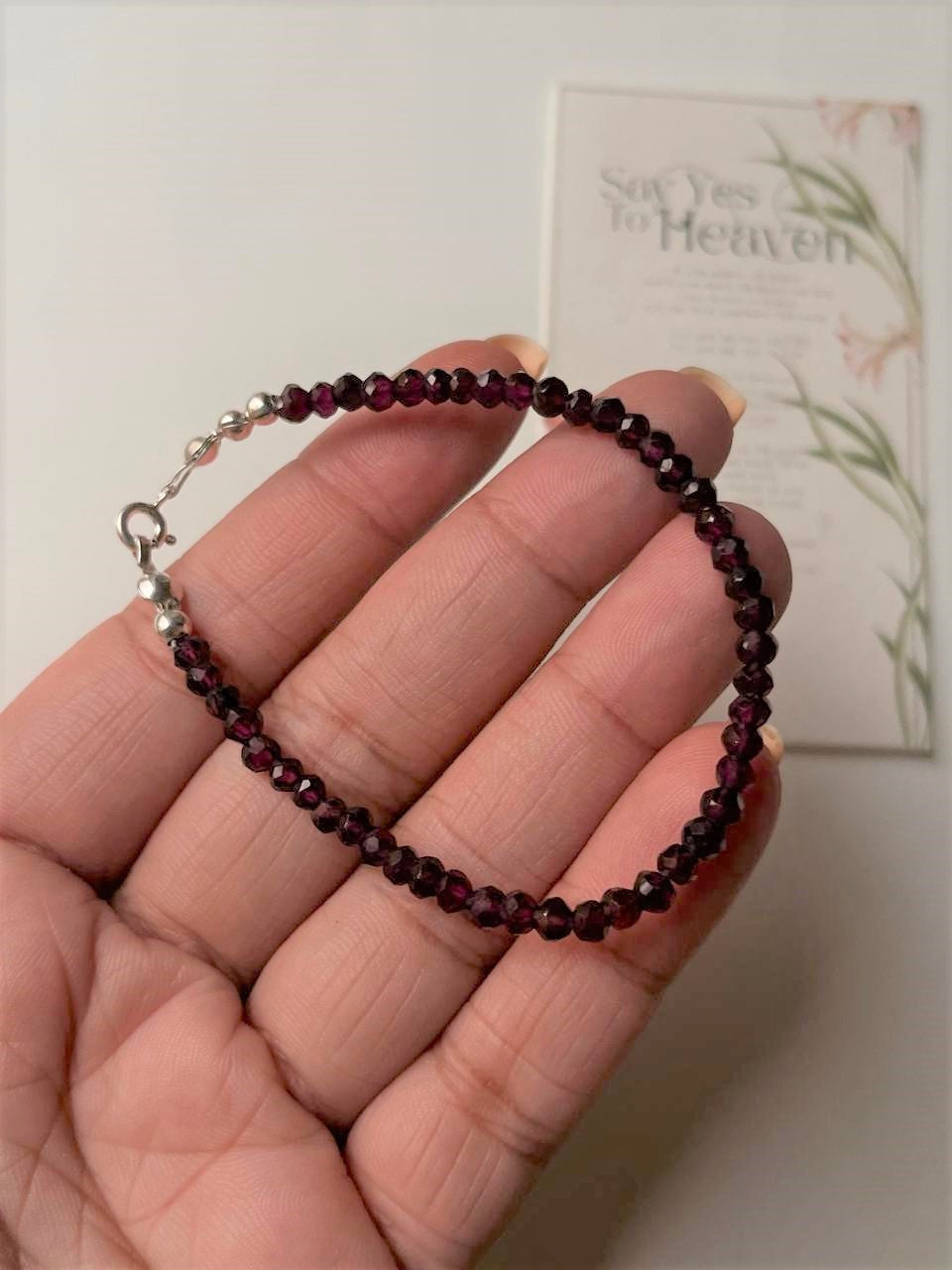 Garnet High Quality 3MM-4MM Faceted Crystal 925 Sterling Silver Bracelet