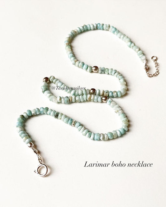 Natural Larimar Crystal 4-5MM Boho 925 Sterling Silver Necklace