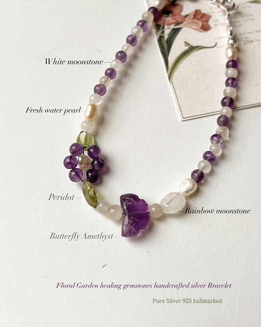 Floral garden handcrafted natural gemstone 925 silver bracelet  