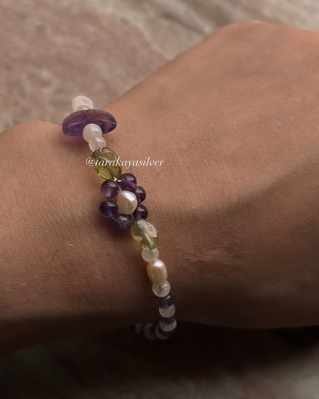 Handcrafted floral bracelet with multicolor gemstones in silver  