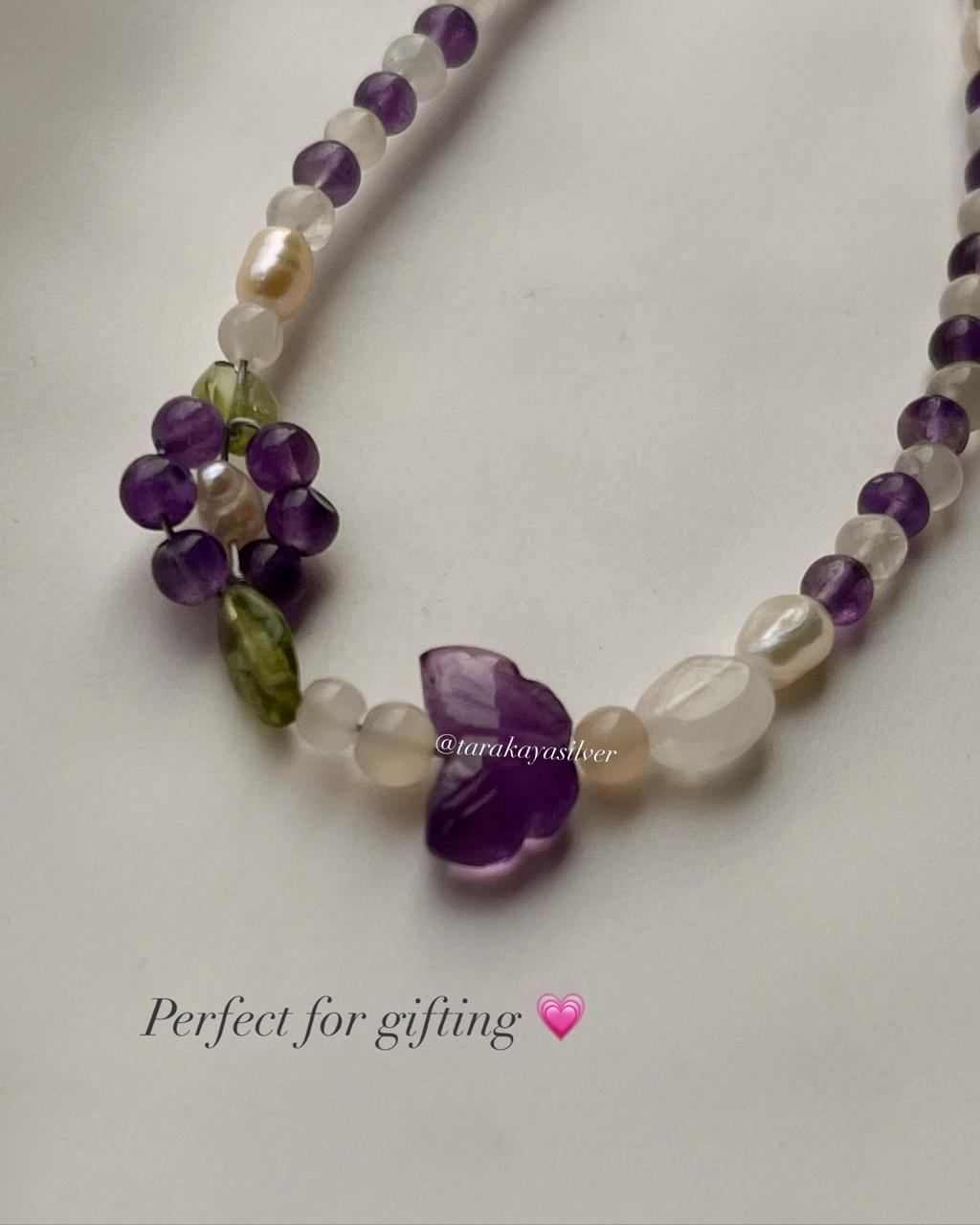 Floral garden motif bracelet with natural stones and silver base