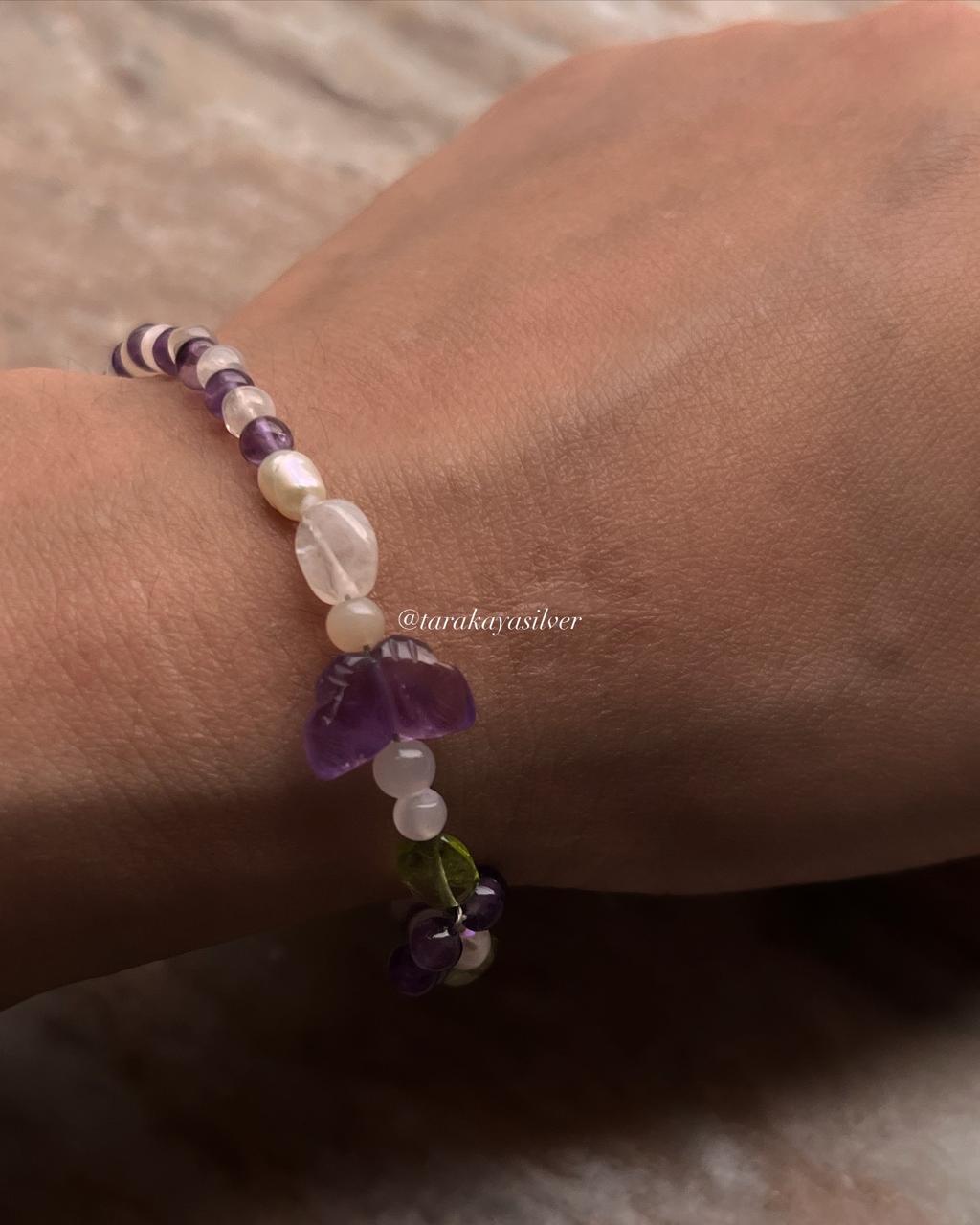 Natural gemstone bracelet with floral design in sterling silver