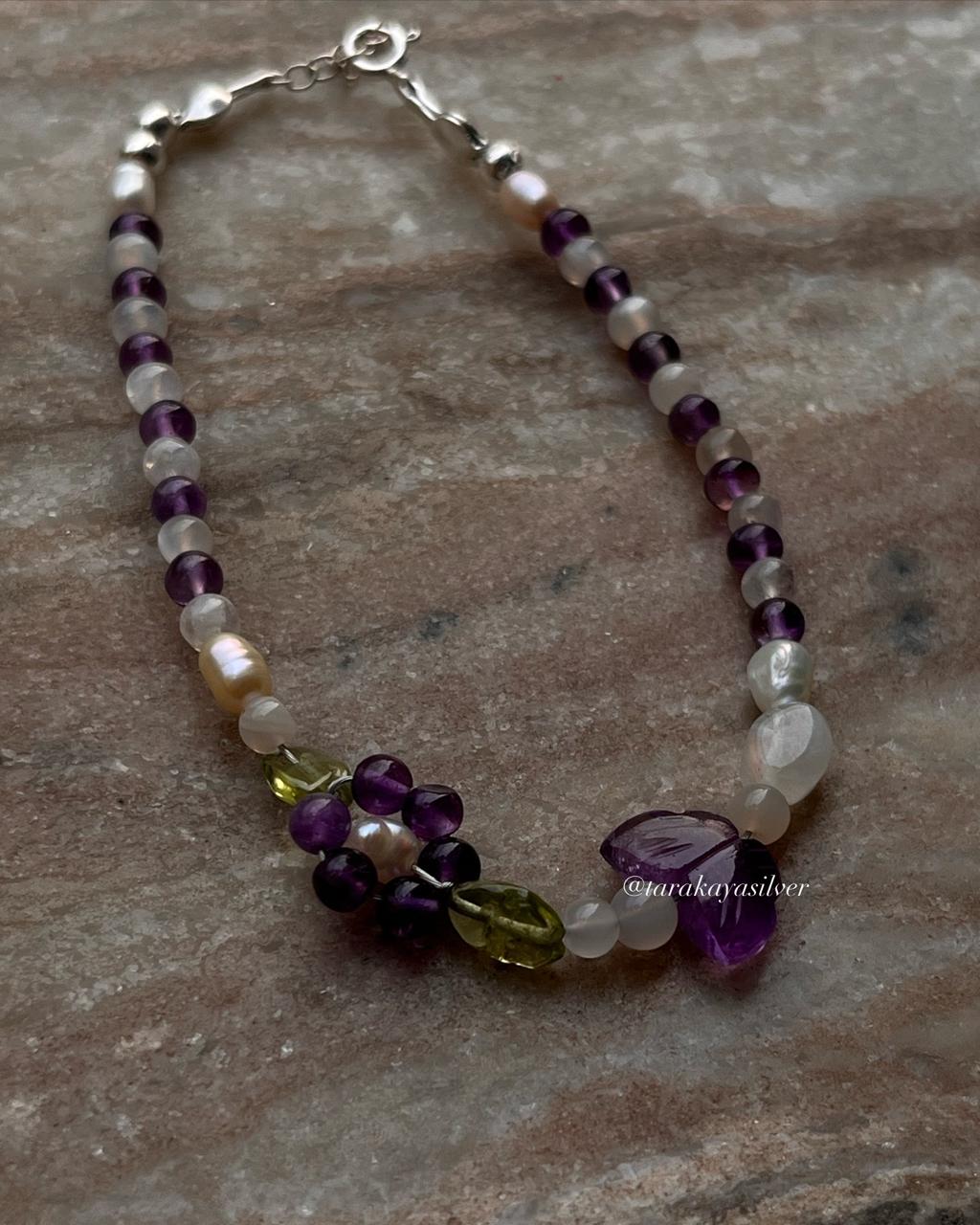 Floral-inspired silver bracelet with natural gemstones  