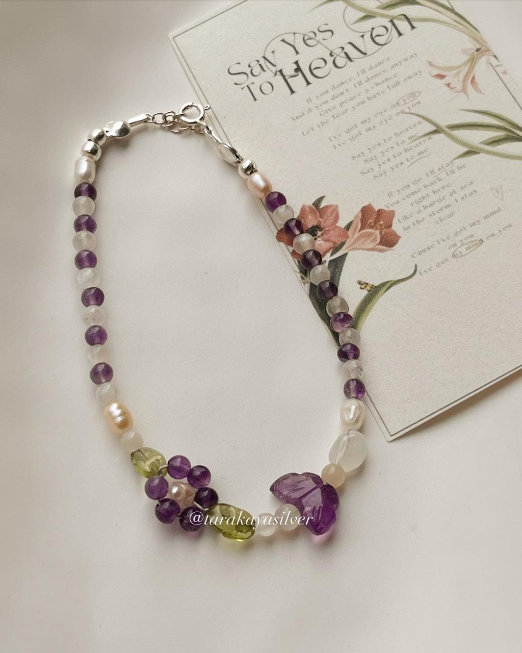 Artisan floral garden bracelet in 925 silver with gemstones  