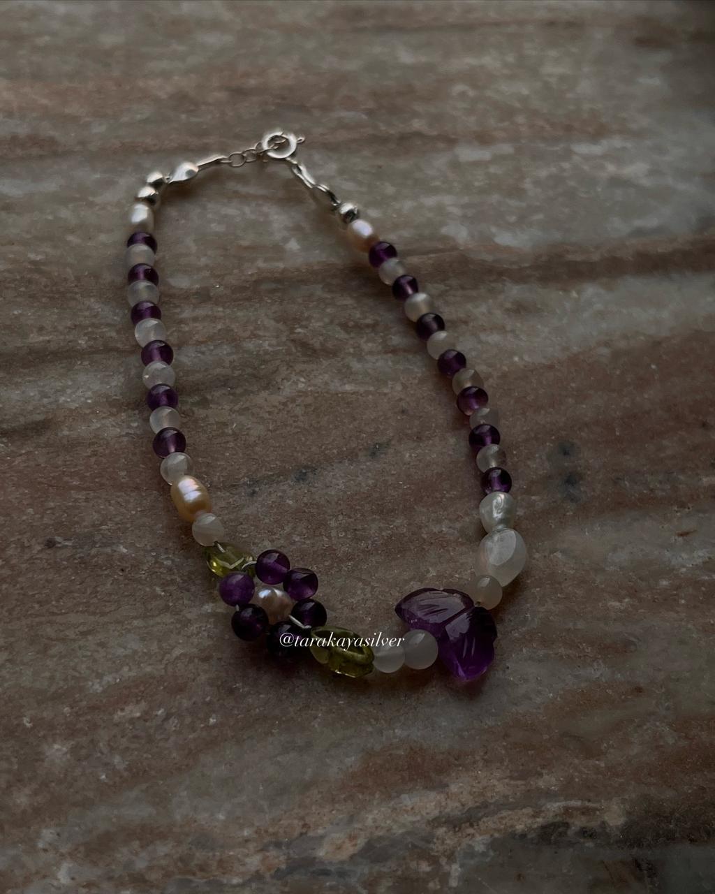 Floral-inspired silver bracelet with natural gemstones  