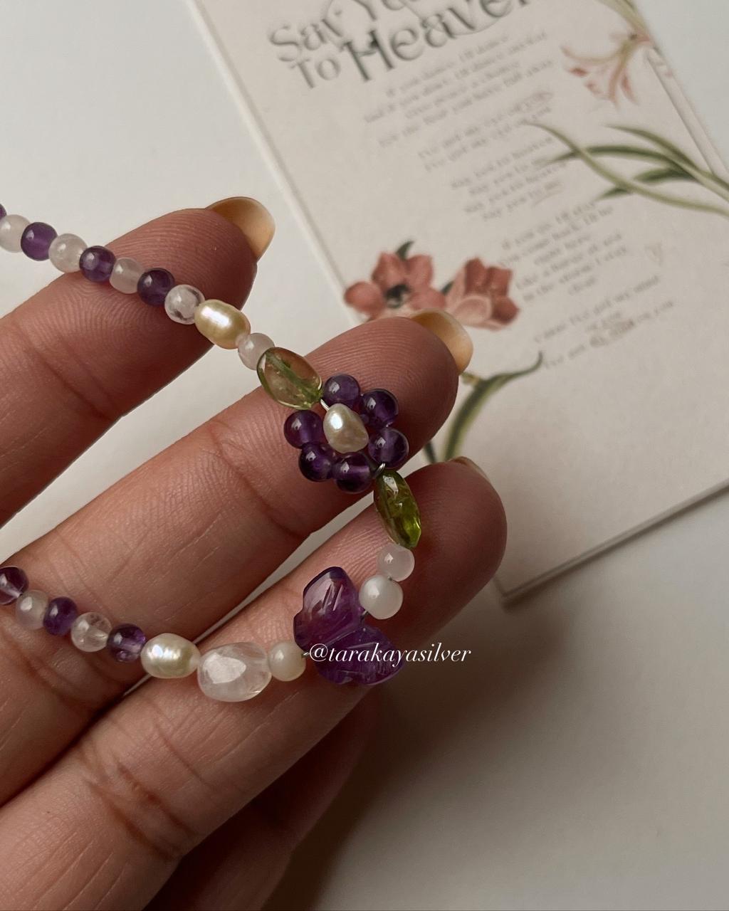 Artisan floral garden bracelet in 925 silver with gemstones