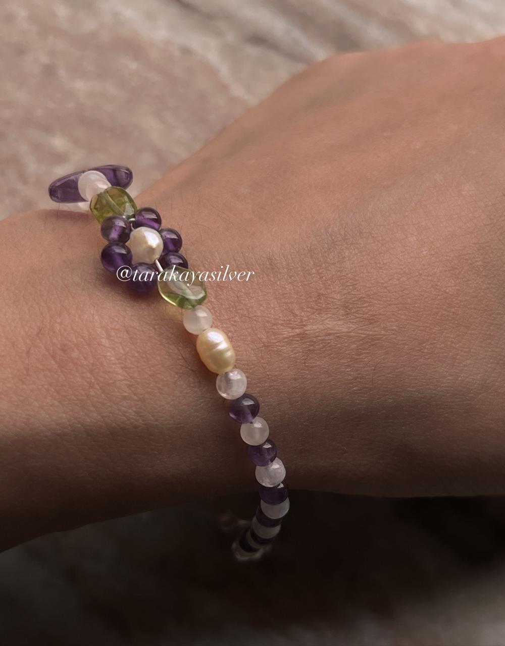 Sterling silver bracelet with floral garden design and natural gemstones