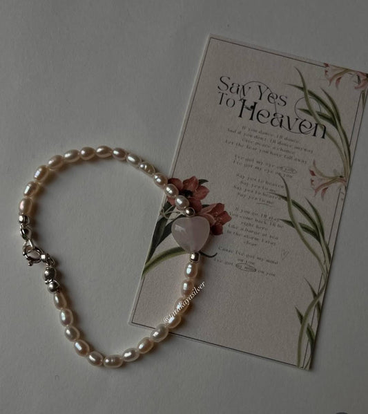 Rose quartz Heart with fresh water pearls silver bracelets