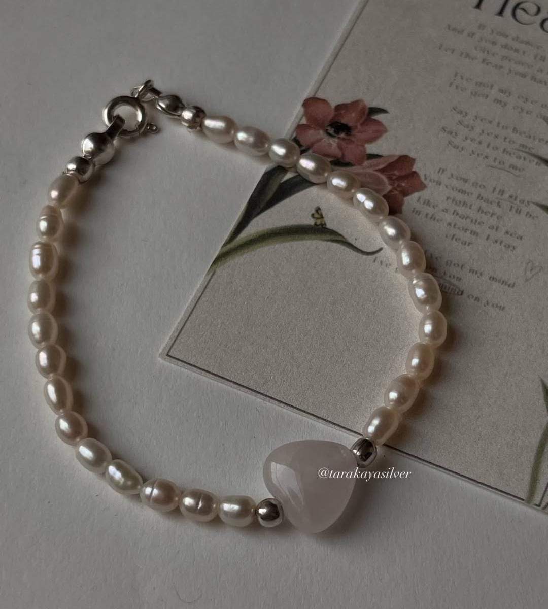 Rose quartz Heart with fresh water pearls silver bracelets