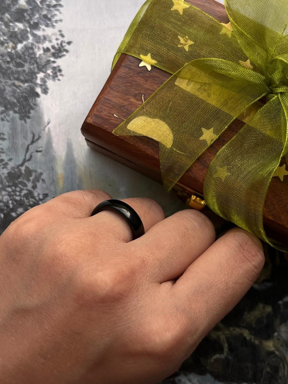 Black Agate Crystal Band Ring