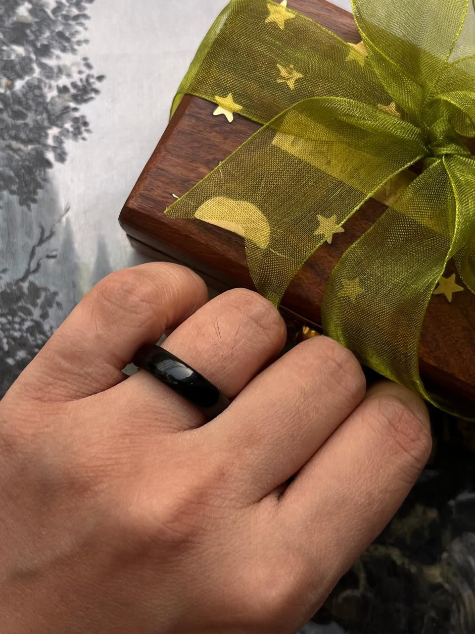 Black Agate Crystal Band Ring