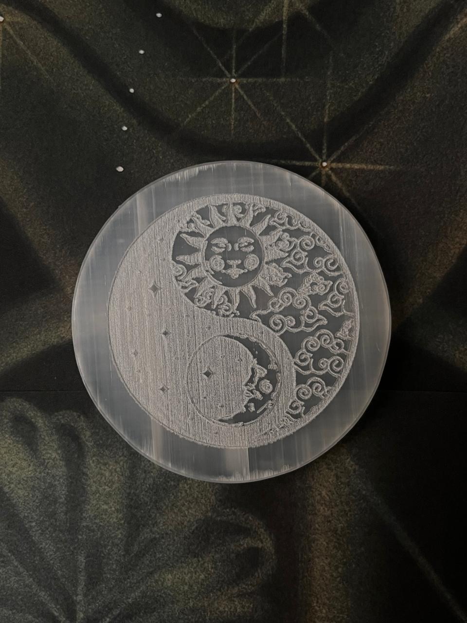 Selenite Charging Plate - Yin Yang- Moon Sun & Stars