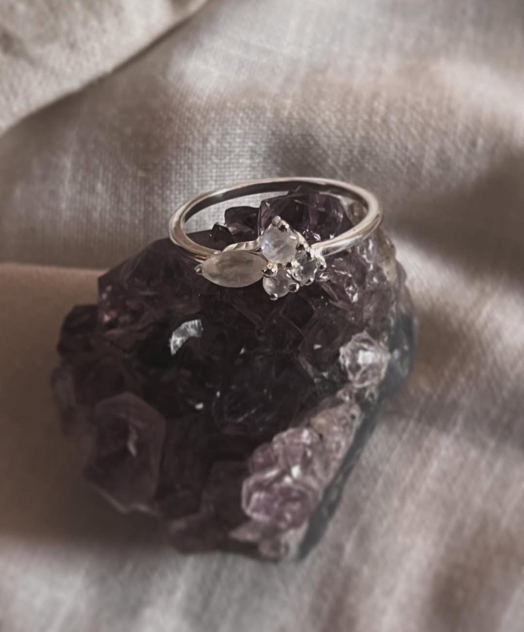 Moonstone Three Stone 925 Sterling Silver Ring