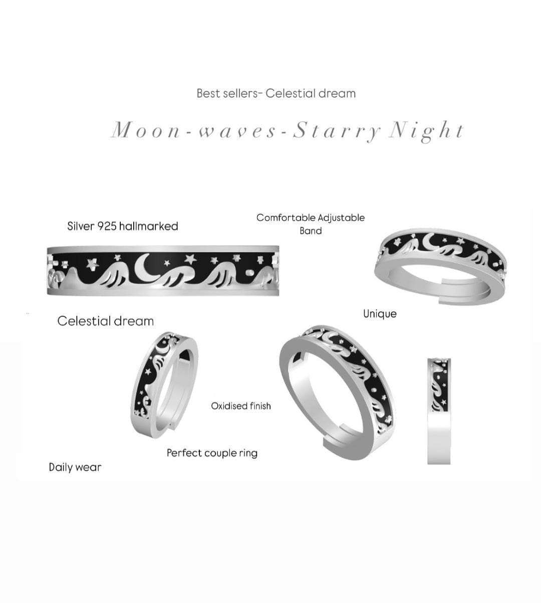 Waves-Moon- Stars Adjustable 925 Sterling Silver Ring
