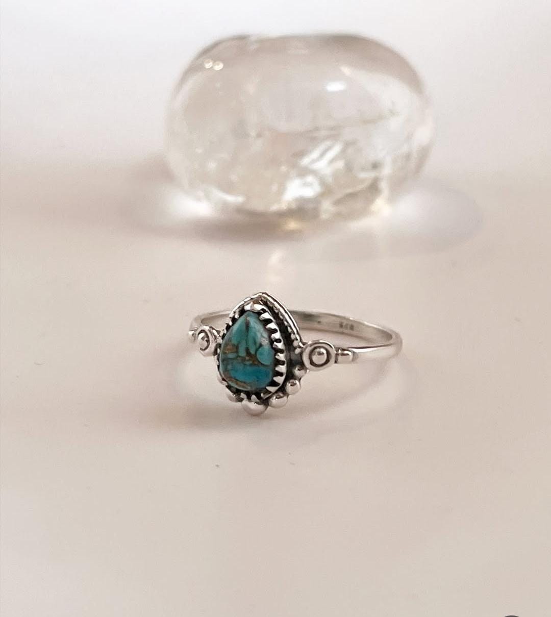 Copper Turquoise Pear Boho 925 Sterling Silver Ring