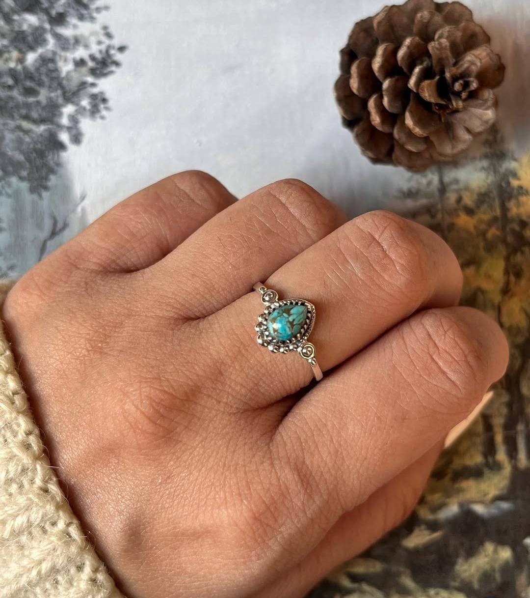Copper Turquoise Pear Boho 925 Sterling Silver Ring