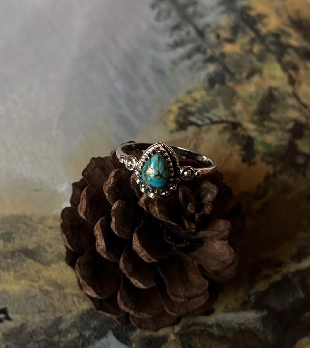 Copper Turquoise Pear Boho 925 Sterling Silver Ring