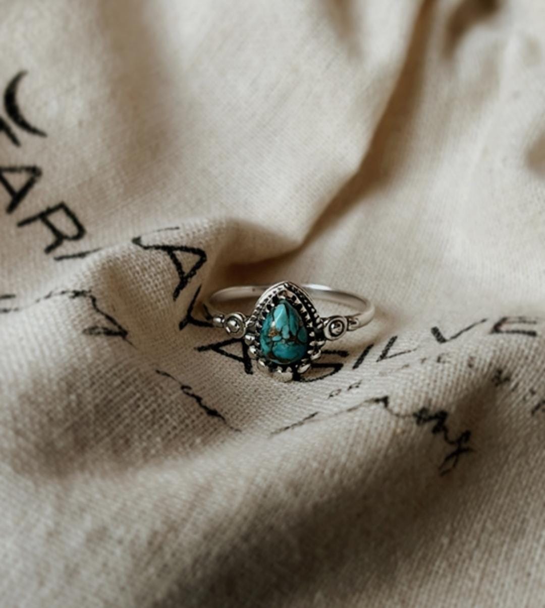 Copper Turquoise Pear Boho 925 Sterling Silver Ring