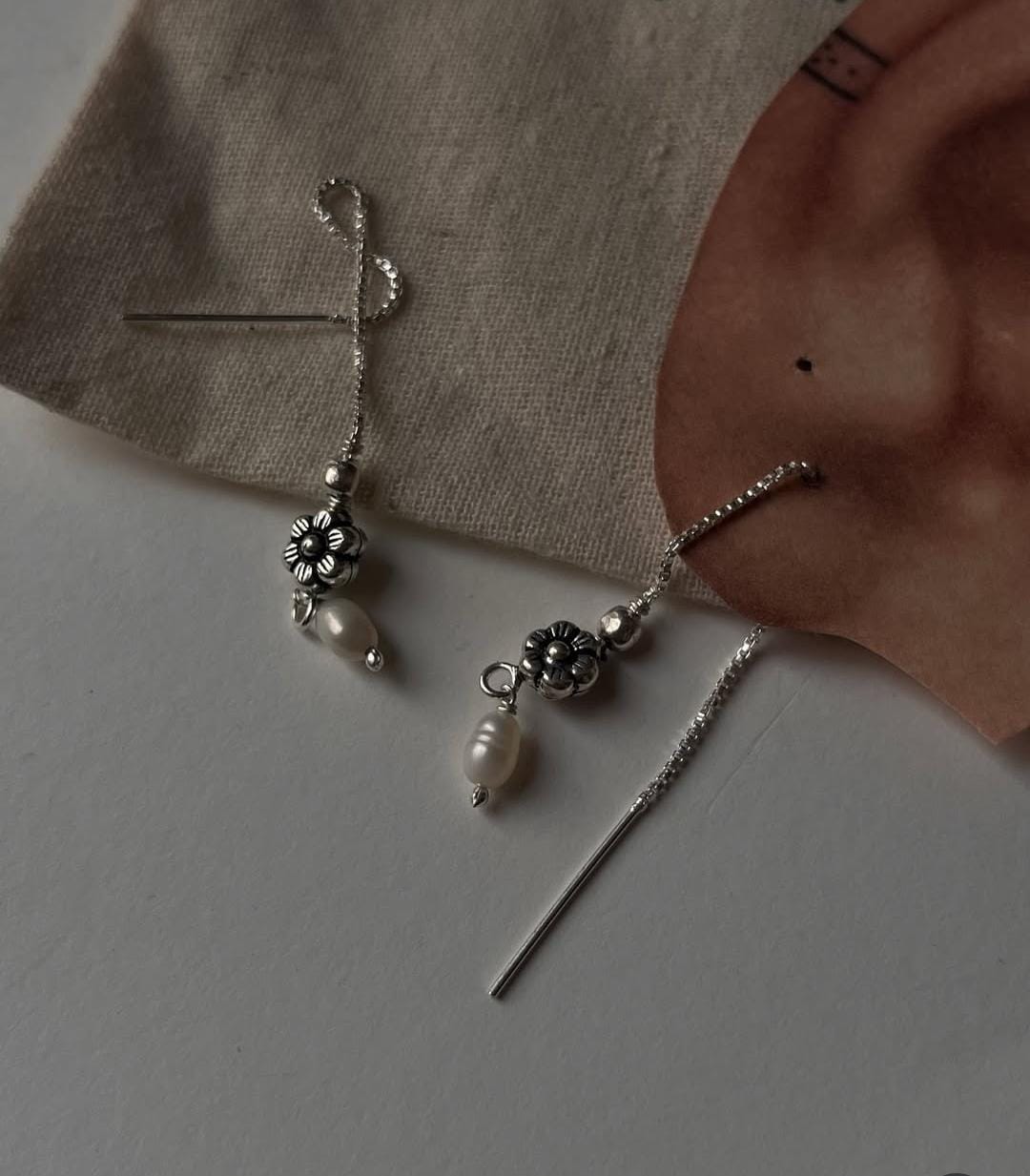 Handcrafted sui dhaga earrings with blossom flower and freshwater pearl  