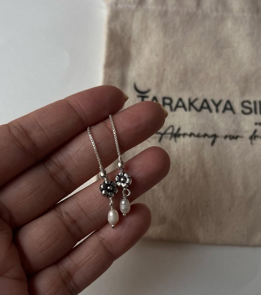 925 silver handcrafted sui dhaga earrings with pearl and flower charm