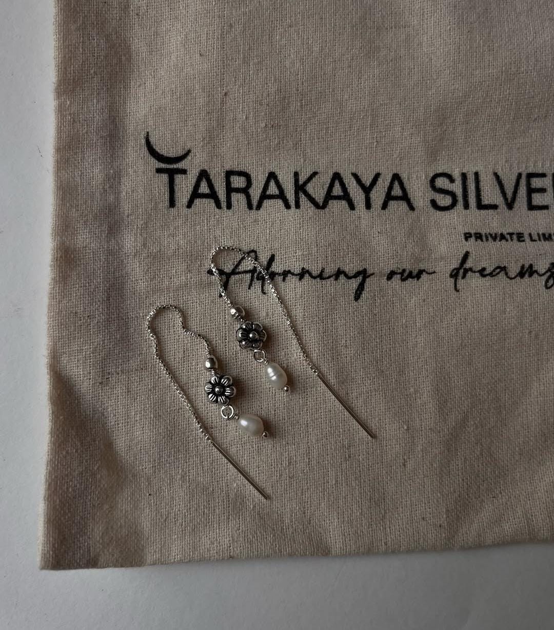 Elegant sui dhaga silver earrings with blossom flower and freshwater pearl charm  