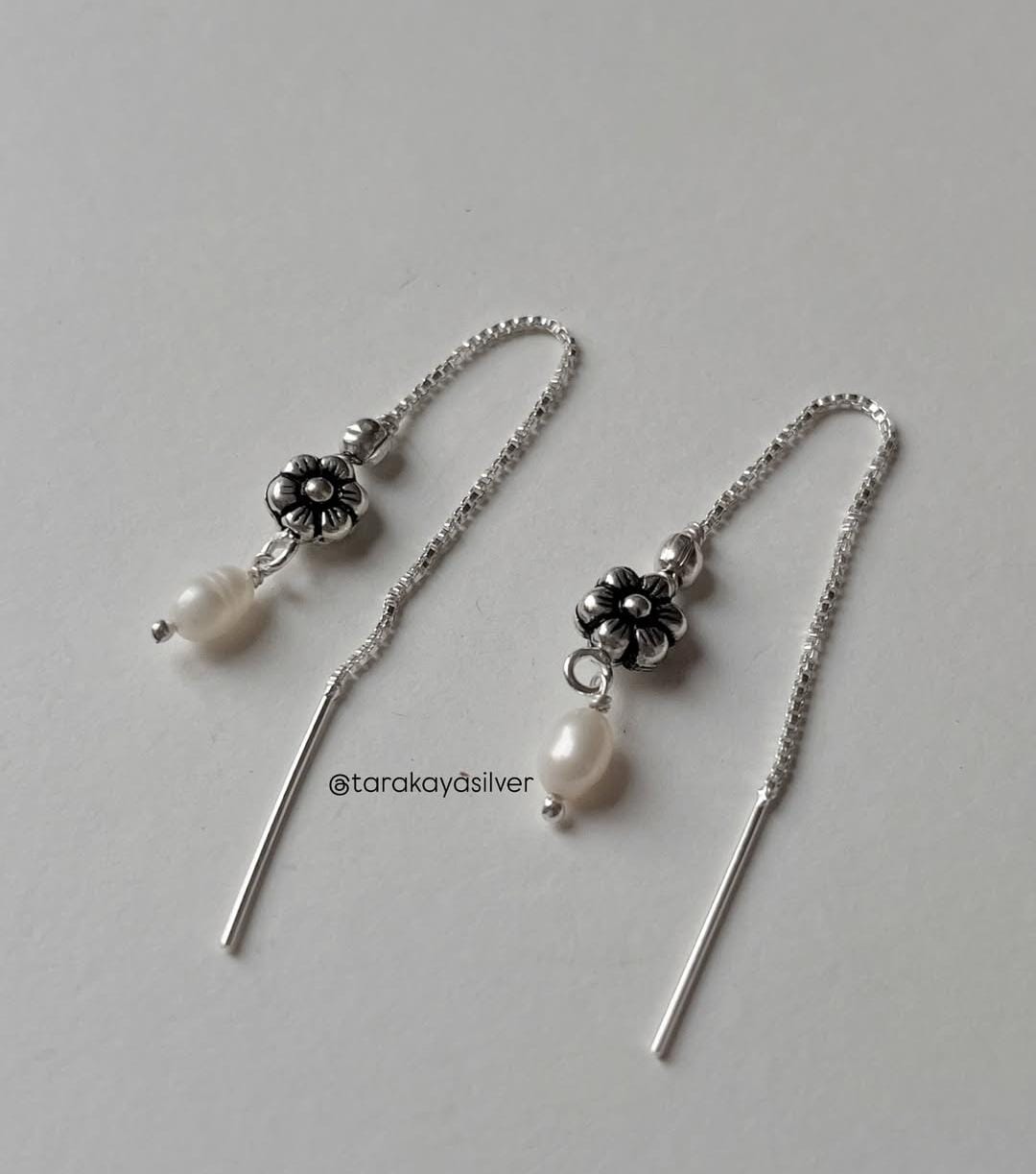 Handmade sui dhaga silver earrings with freshwater pearls and blossom flowers  