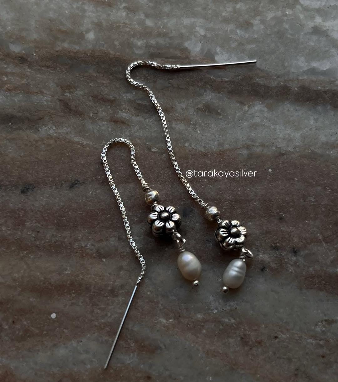 Freshwater pearl and flower charm handcrafted sui dhaga earrings  