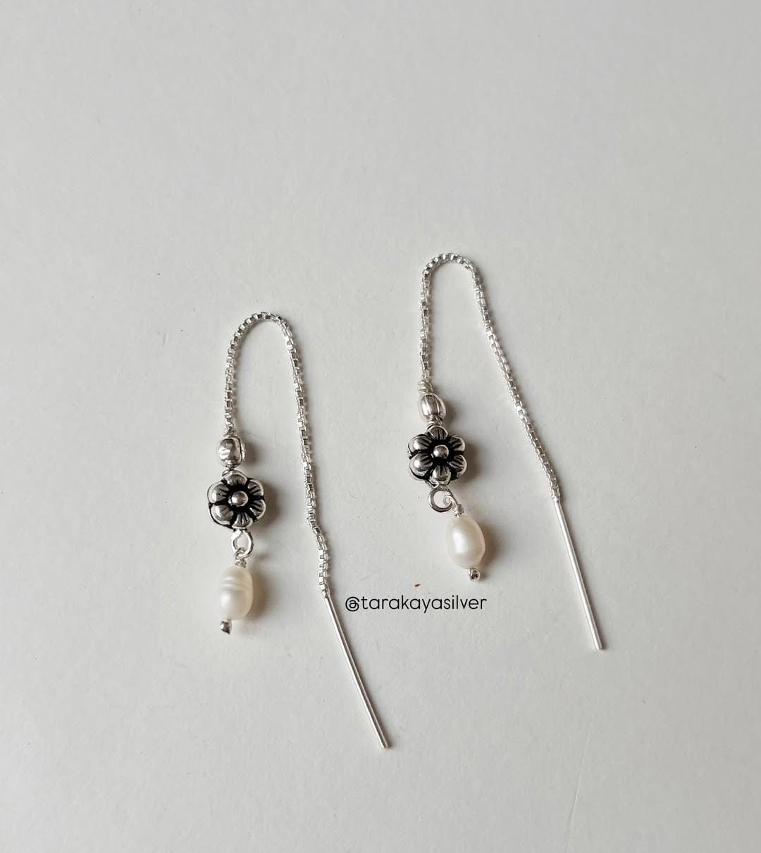 Blossom flower and freshwater pearl charm handcrafted sui dhaga silver earrings  