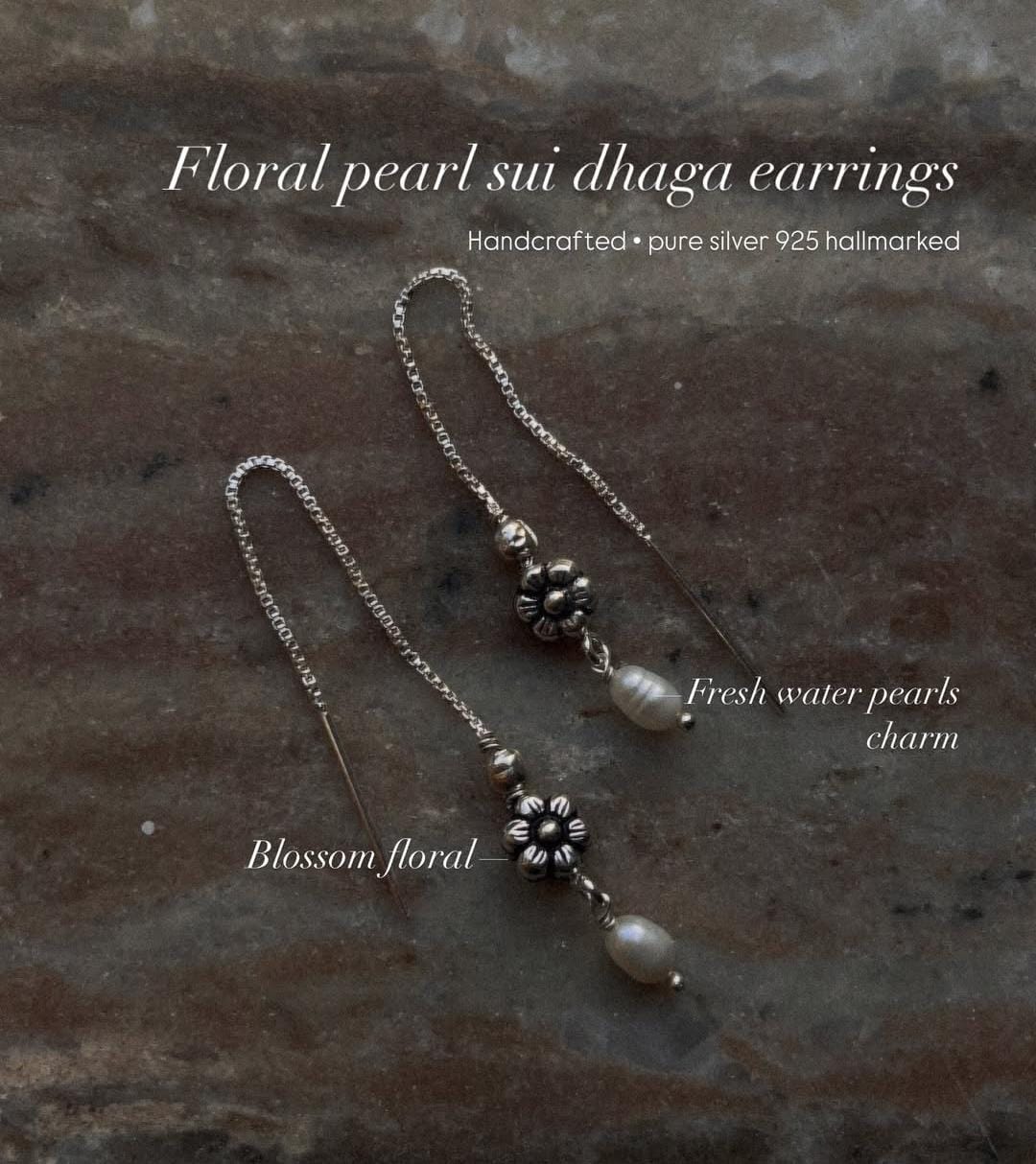 Sui dhaga silver earrings with delicate blossom flower and pearl charm