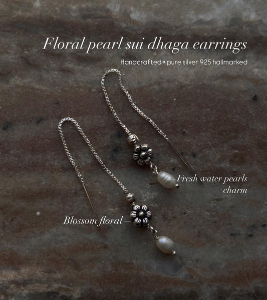 Sui dhaga 925 Sterling Silver earrings with delicate blossom flower and pearl charm