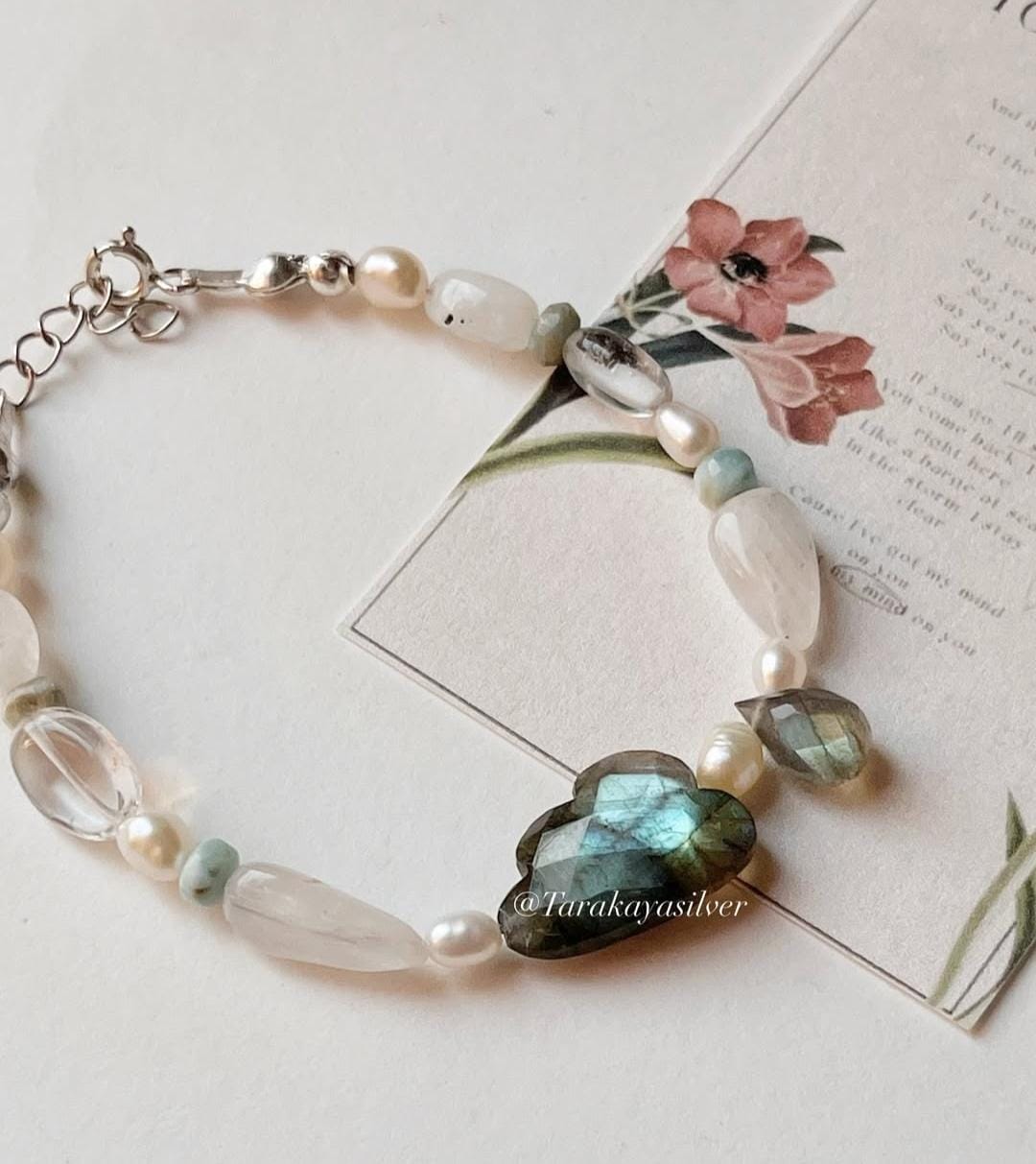 Handcrafted silver bracelet with stormy labradorite gemstone  