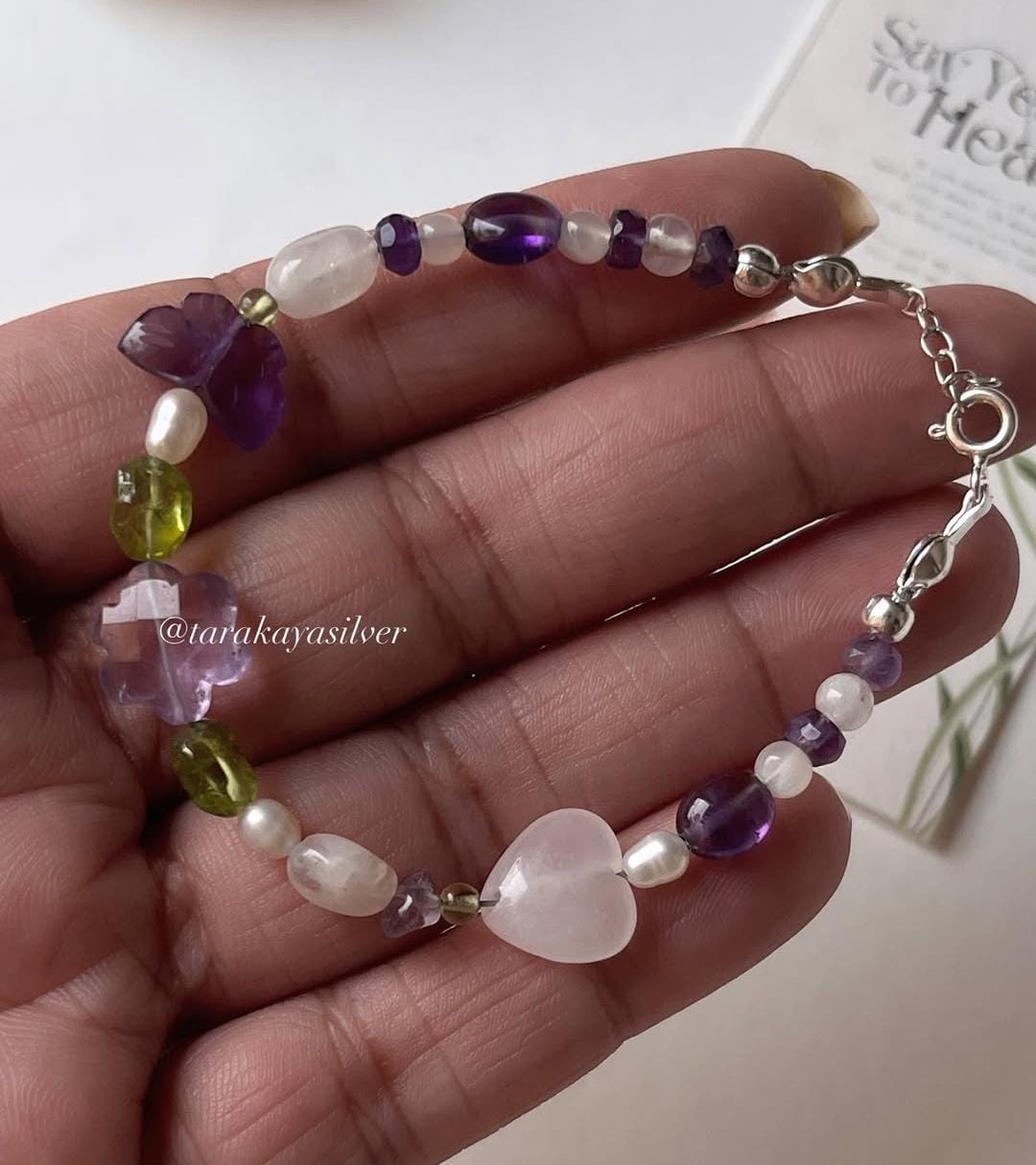 Handmade silver bracelet with floral garden design  