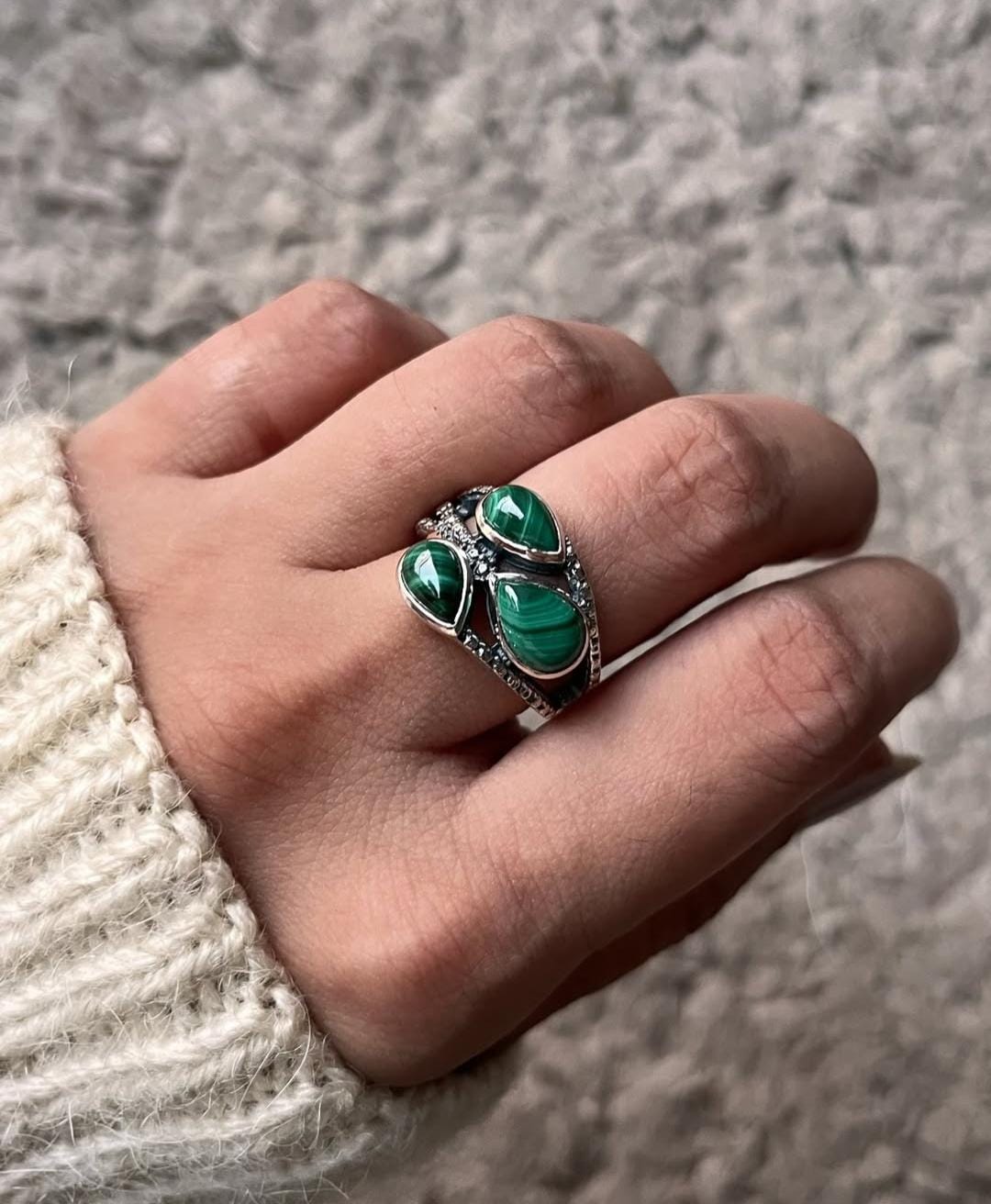 Malachite 3 Stone Statement 925 Sterling Silver Ring