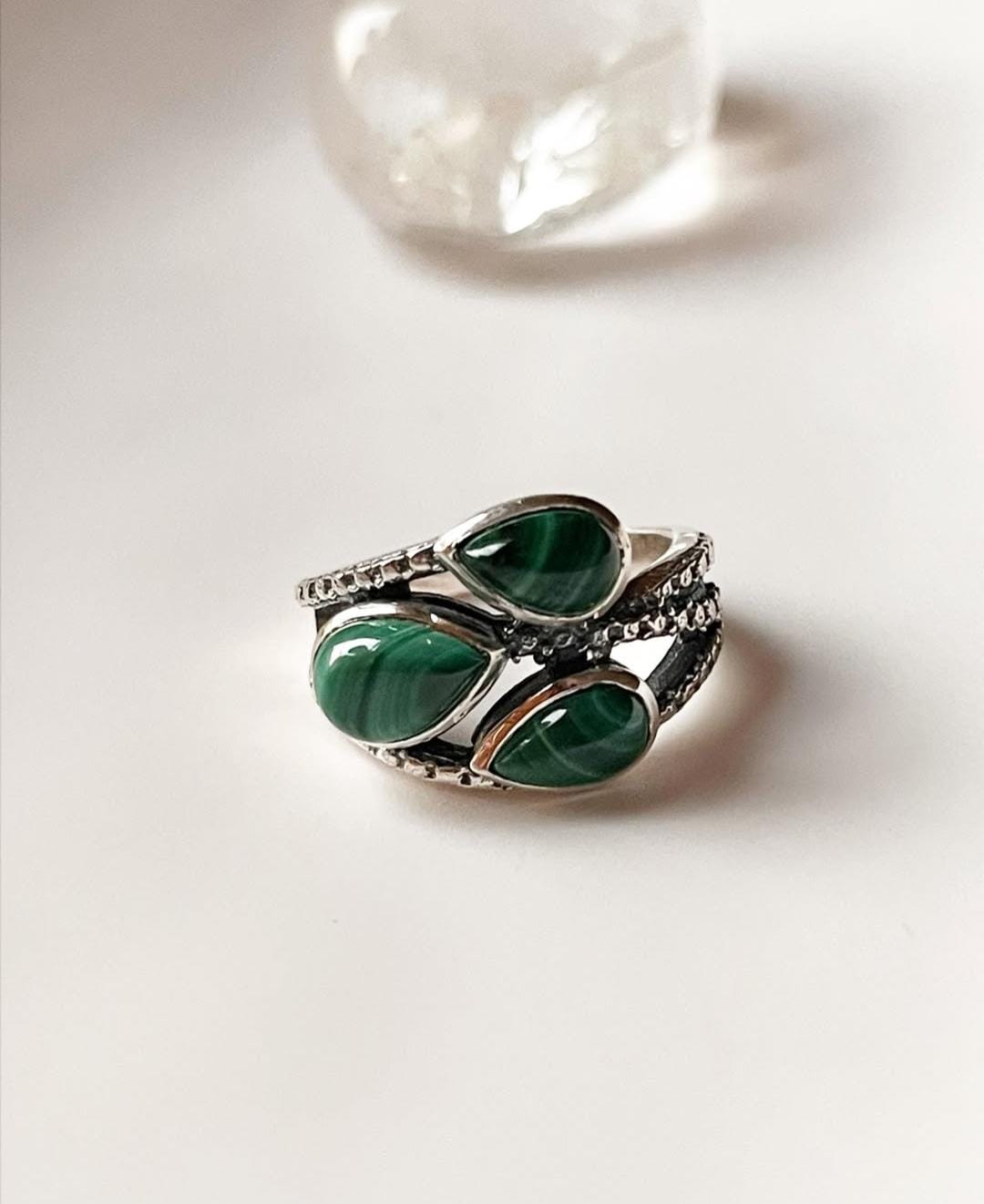 Malachite 3 Stone Statement 925 Sterling Silver Ring