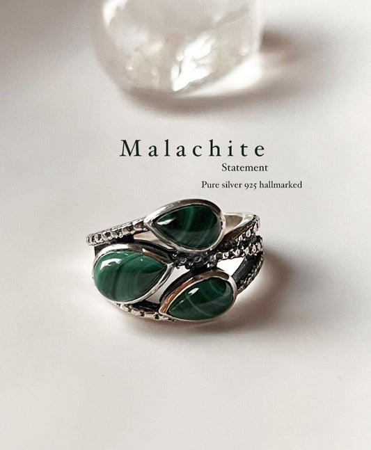Malachite 3 Stone Statement 925 Sterling Silver Ring