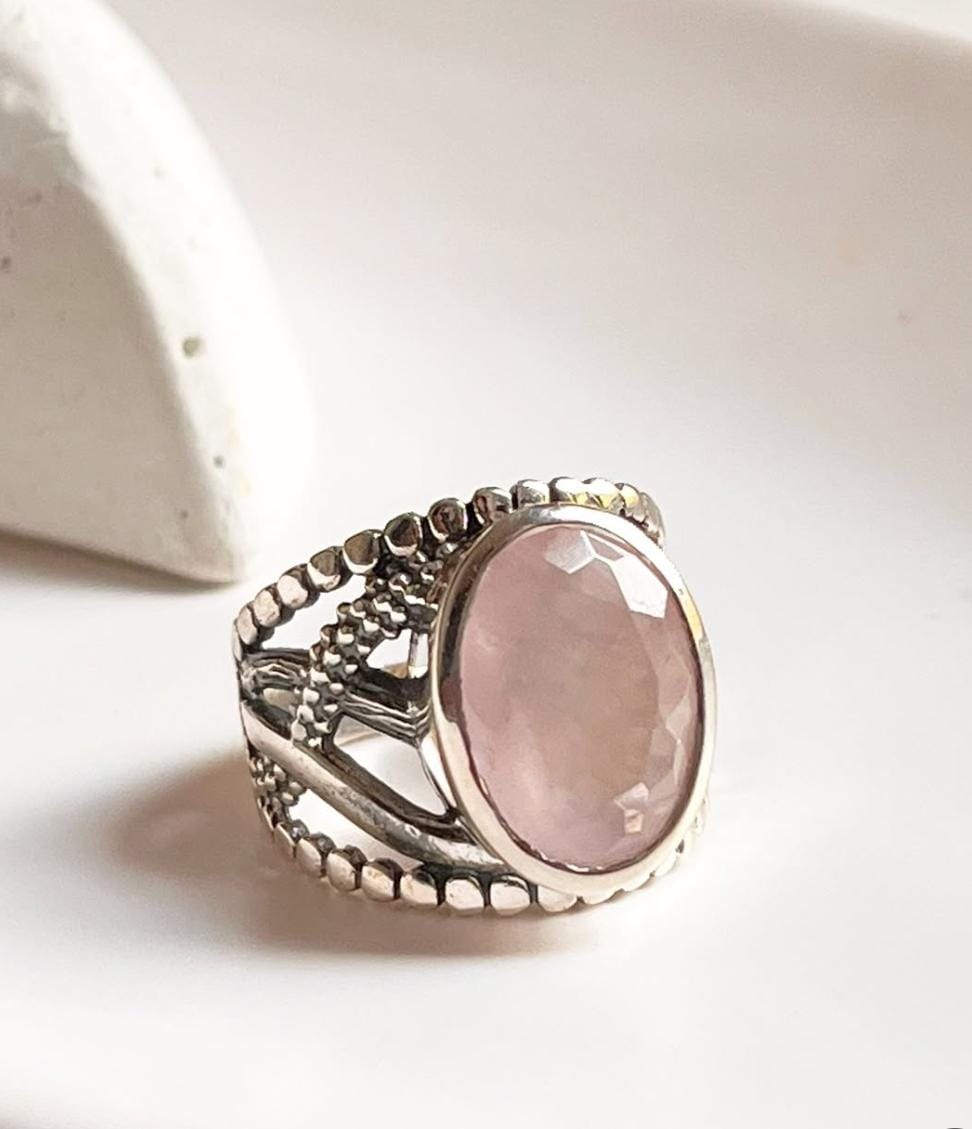 Rose Quartz Statement Twig textured Band 925 Sterling Silver Ring