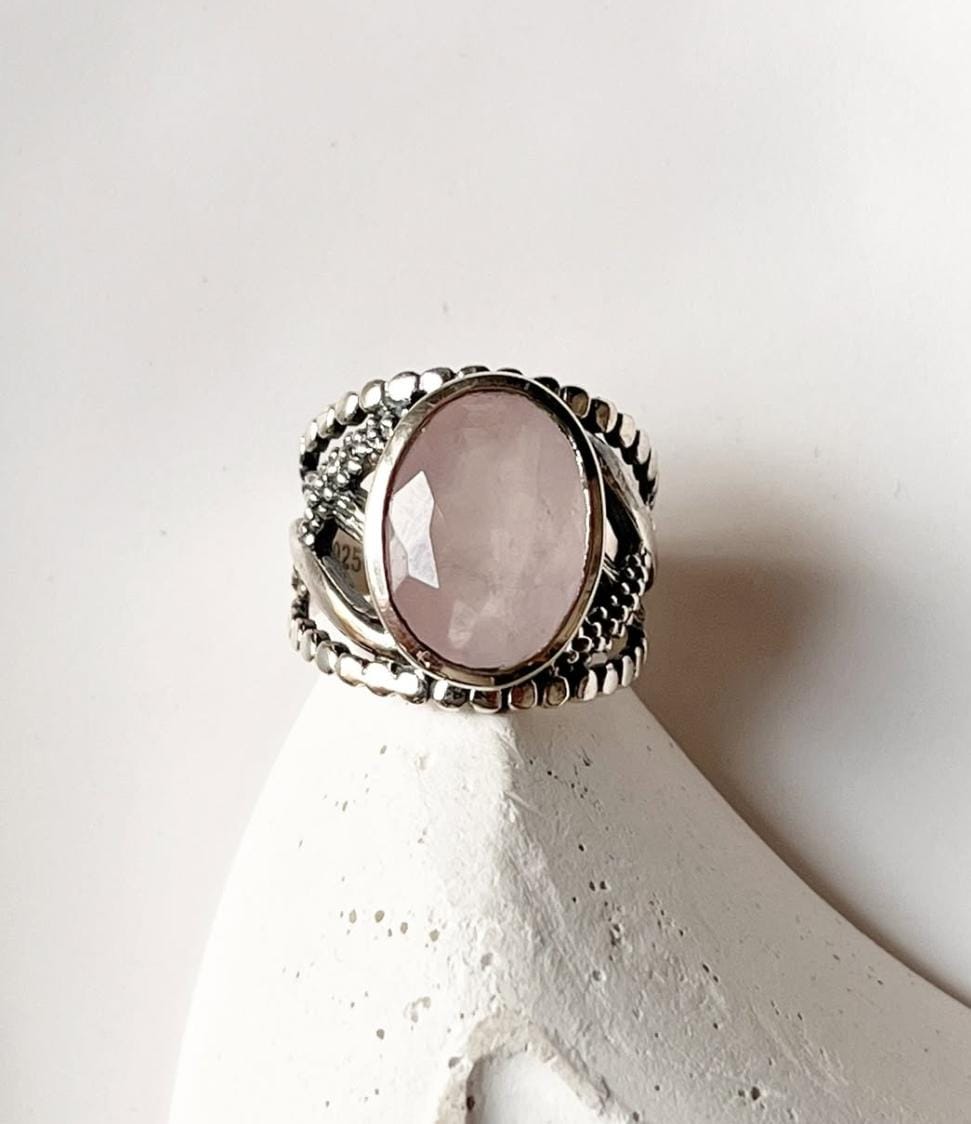 Rose Quartz Statement Twig textured Band 925 Sterling Silver Ring