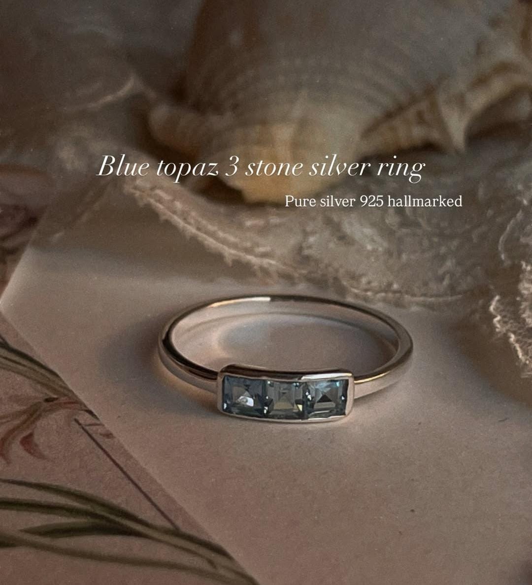 Blue topaz 3 stone pretty band 925 silver ring  
